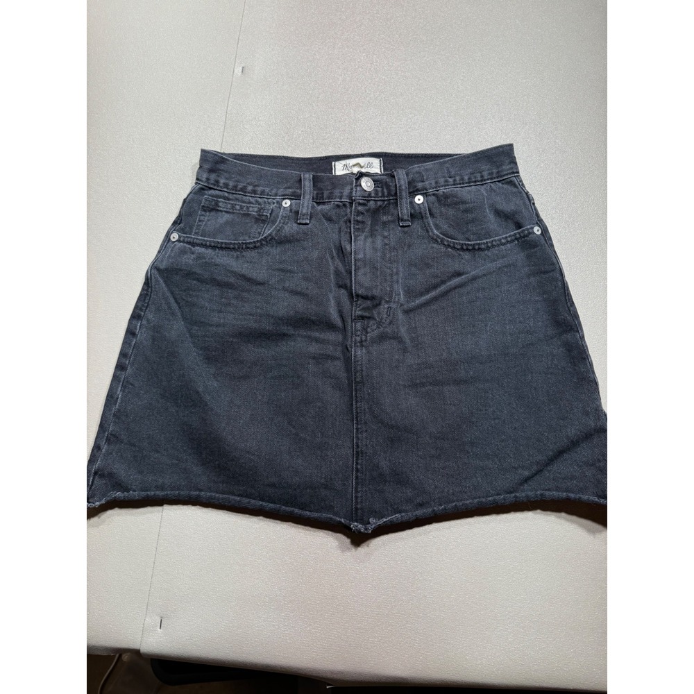 Madewell Rigid Denim A-Line Mini Skirt Washed Black Raw Hem Size 28